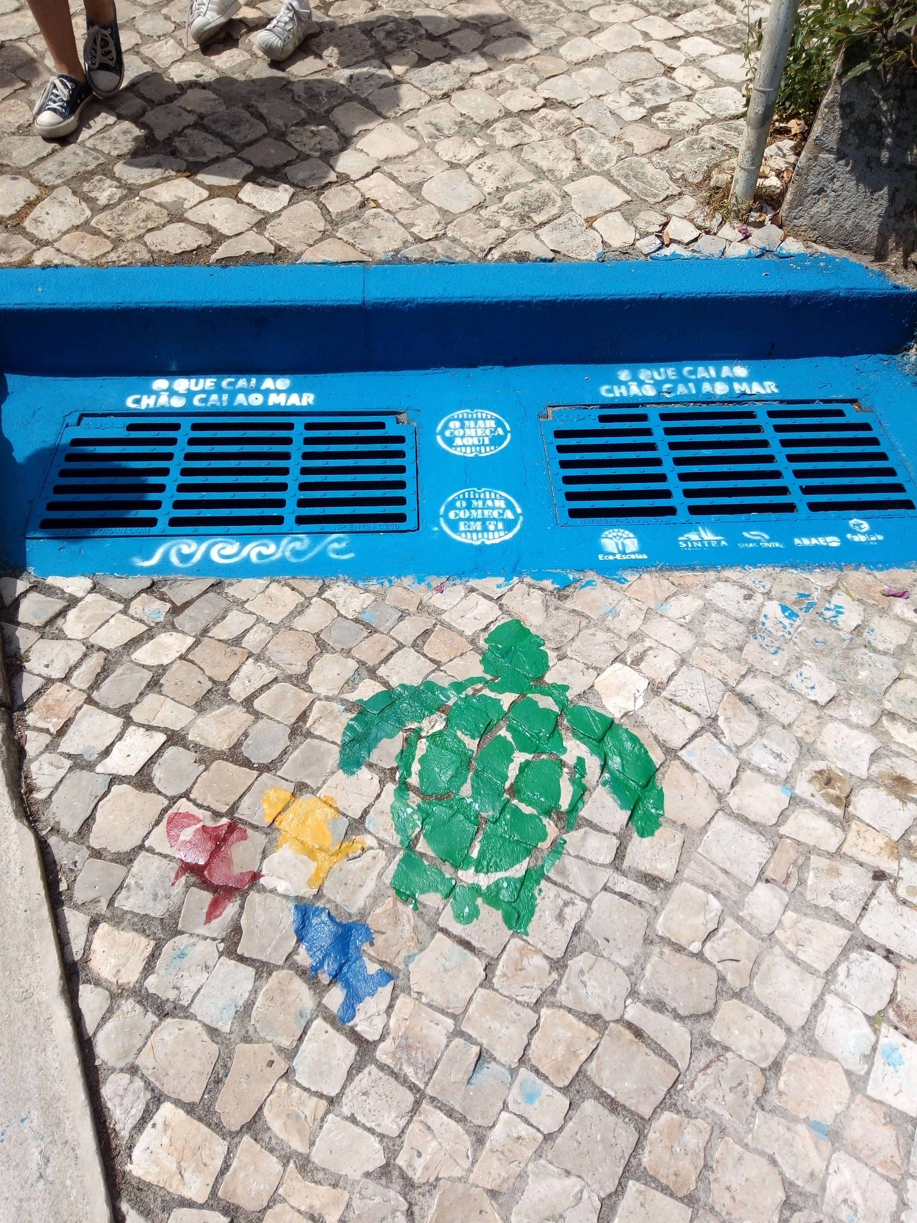 Escola de São Pedro, em Sintra, onde foram pintadas duas sarjetas (interior e exterior) pelos alunos do 1º ciclo e representa uma tartaruga e peixinhos que vivem no mar e comem o lixo