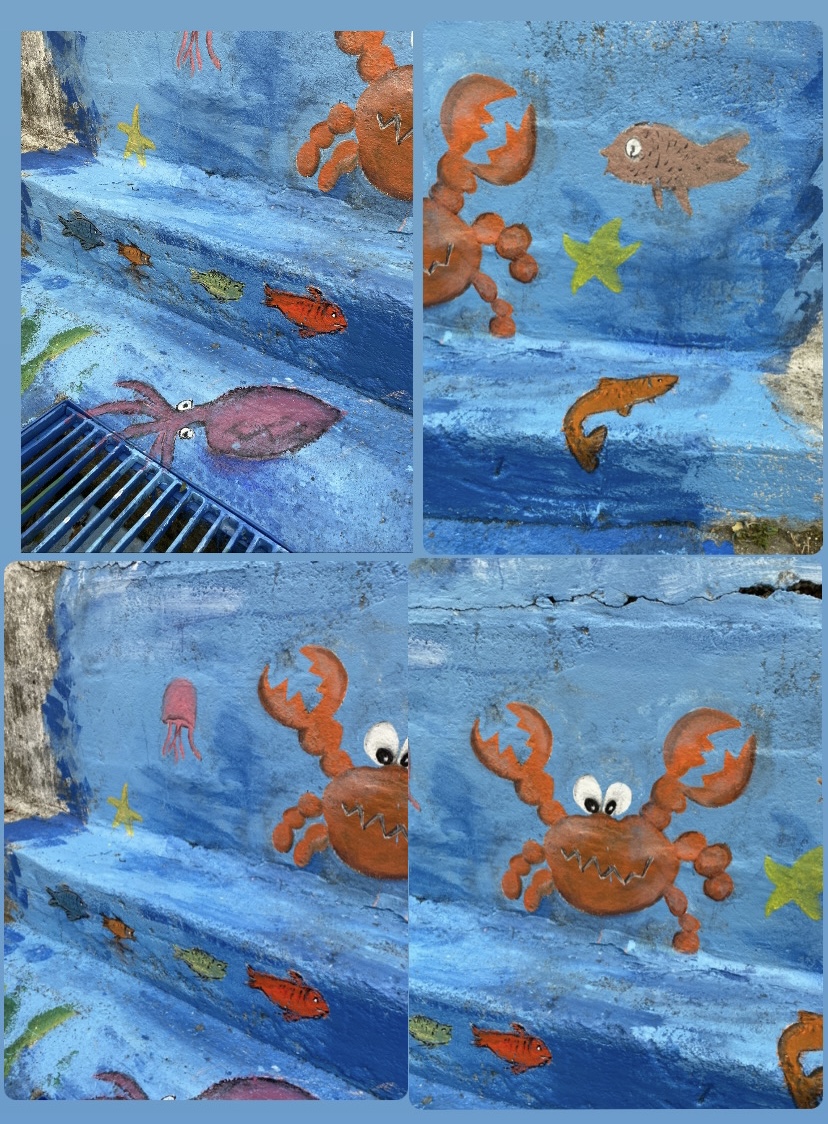 Na pintura incluímos um crustáceo, um caranguejo que vive em ambiente aquático de água doce ou salgada, uma lula, uma medusa, uma estrela-do-mar, douradas, robalos e sardinhas.<br />
Todas as pinturas foram realizadas pelos alunos.